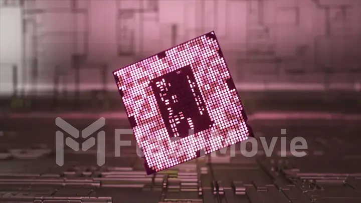 The microchip rotates above the floor. Pink neon light. Abstract background. Computer. Artificial intelligence.