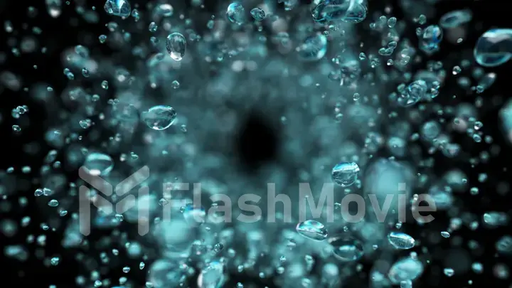 Explosion of water droplets into the camera in slow motion on an isolated black background. 3d illustration