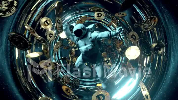 Falling astronaut in outer space surrounded by flying dogecoins. Cryptocurrency concept in space. Black hole. Interstellar. 4k animation of seamless loop