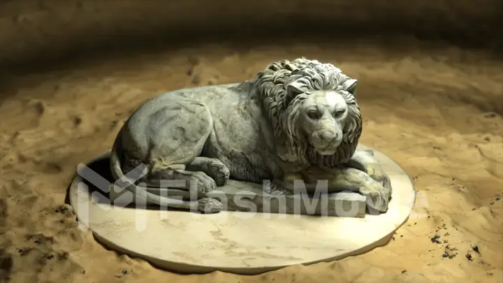 The sculpture of a lion on the platform. Gray marble. Sand. 3d illustration