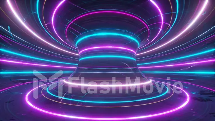 Abstract futuristic neon background with rotating glowing lines, speed of light, ultraviolet rays, twisted electromagnetic vortex. 3d illustration