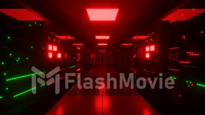 The camera moves along the corridor in the data center with the server equipment red light turns on. 3d illustration