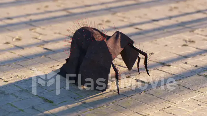 A scary hairy spider in a dark robe stalks the gray tiles. Red neon glowing dots. Disguise. 3d illustration