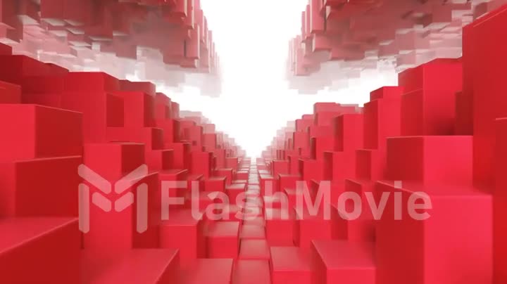 Abstract geometric tunnel made of red cubes with random movement. Seamless loop 3d render