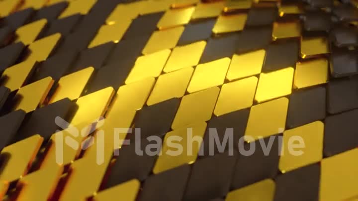 Abstract wave surface of geometric shapes. The material is plastic and gold. Seamless loop 3d render