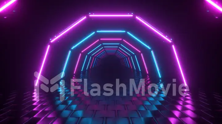 Flight through hexagonal corridor, glowing tunnel, pink blue neon light, abstract background, 80's retro style, pop music stage, fashion podium. 3d illustration