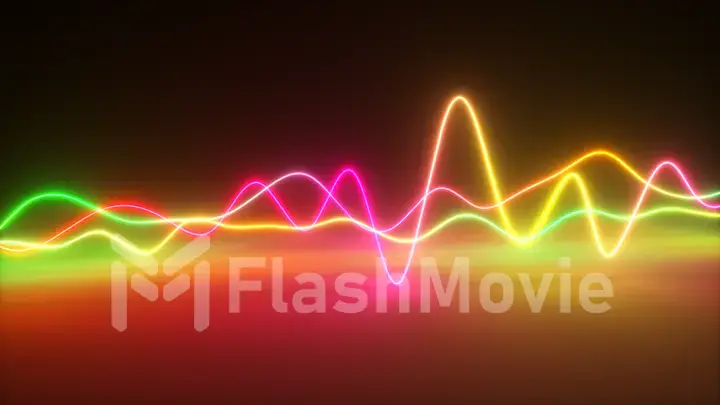 Colorful bright neon glowing graphic equalizer. Multicolored signal spectrum, laser show, energy, sound vibrations and waves. 3d illustration