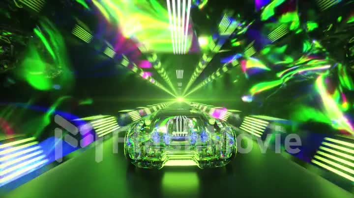 The diamond car is driving through the tunnel at high speed. Green neon light. 3d animation of seamless loop