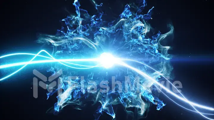 Two blue light streak breaks out on a black background with smoke and light particles and explode in space when interacting with each other 3d illustration
