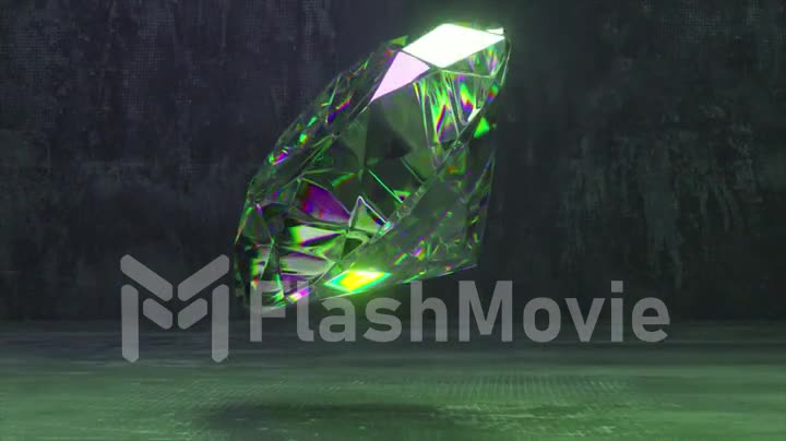 A large green diamond falls to the concrete floor, turns into a violet cloth, inflates and flies away. Transformation.