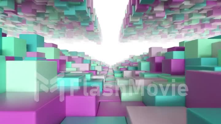 Abstract geometric tunnel made of green pink cubes with random movement. Seamless loop 3d render