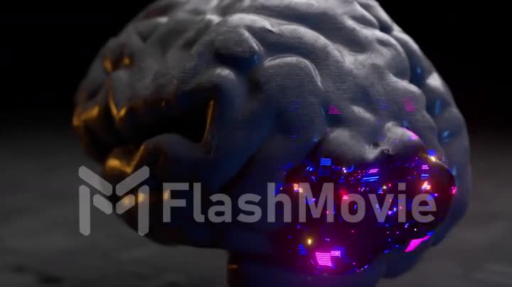 Futuristic concept. The glass brain emerges from a matte black shell. Blue pink neon light. 3d animation