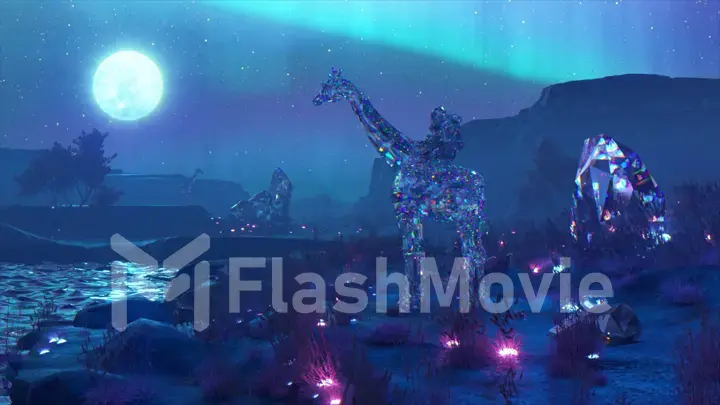 A diamond astronaut riding a giraffe stands near a pond. Blue neon color. Moon in the night sky.