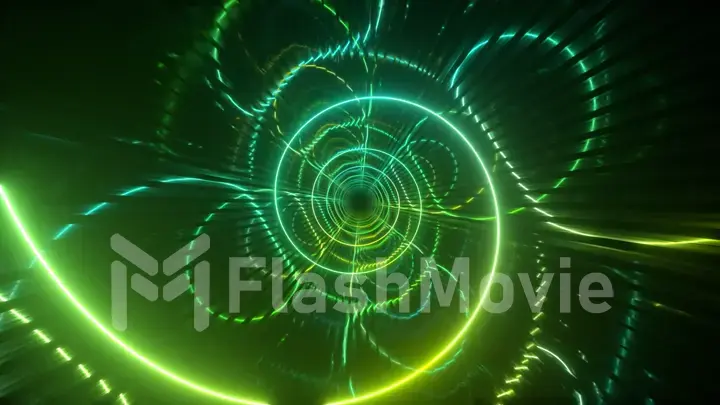 Gradient neon spiral metal tunnel background. Endless flight forward. Modern neon lighting. 3d illustration