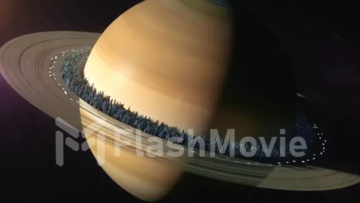 Planet Saturn in outer space. City located along the rings of Saturn, the concept of the colonization of Saturn. 3d illustration