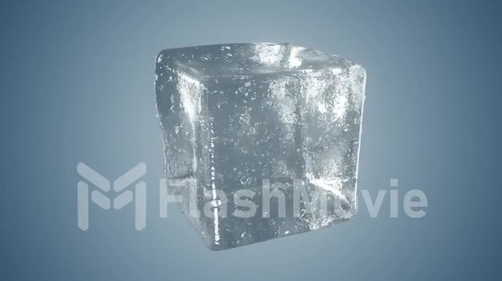 Detailed ice cube close up rotates on light blue isolated background. 4k seamless loop cg animation