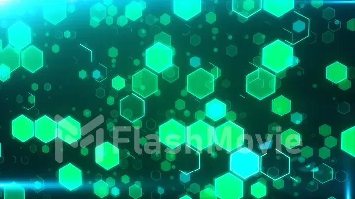 Abstract technological background with green luminous hexagons. 3d illustration