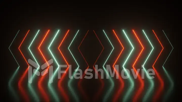 Flashing bright neon arrows light up and go out indicating the direction. Abstract background, laser show. Neon color trends aqua menthe and lush lava light spectrum. 3d illustration