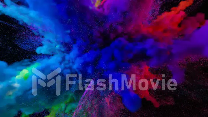 Explosion of colorful multicolored smoke and powder in slow motion against black background 3d illustration