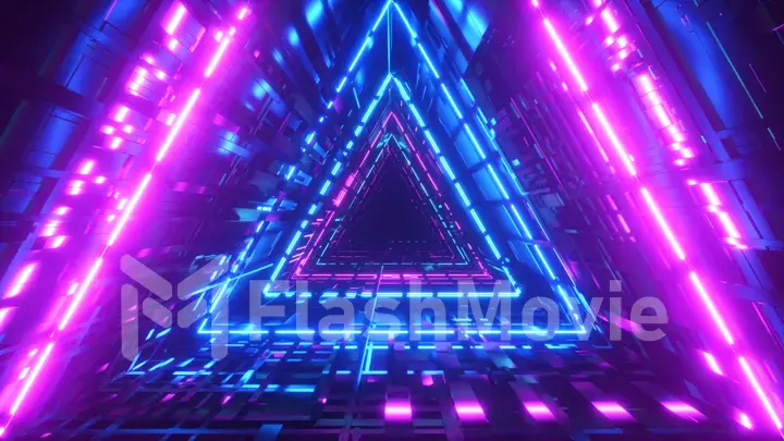 Beautiful abstract triangle tunnel with blue light lines moving fast. Background futuristic corridor with neon lights. 3d illustration
