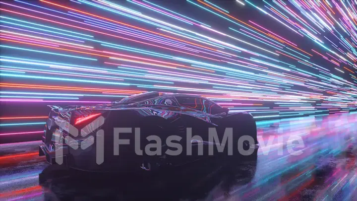 Futuristic concept. Sports car on the background of glowing neon lines. 3d Illustration