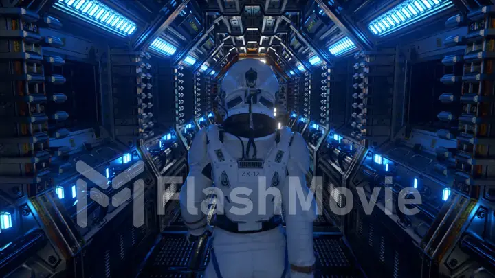 Astronaut walking in spaceship tunnel, sci-fi shuttle corridor. Futuristic abstract technology. Technology and future concept. Flashing light. 3d illustration