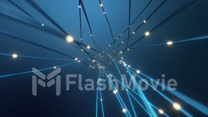 The concept of signal transmission over an optical fiber. The pulses of the signal tend along the wires. 3d illustration