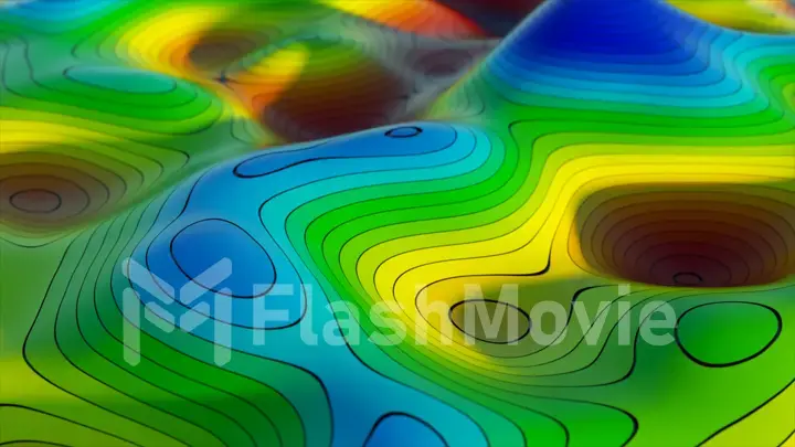 Abstract background of topographic map concept. Contour map stripes. Valleys and mountains. Geography concept. Wavy backdrop. Magic neon light curved swirl line. 3D illustration