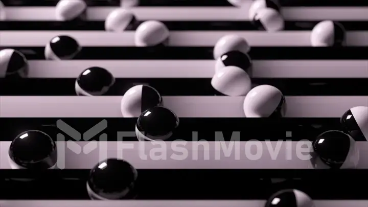 Bright colorful background with rolling balls along the paths. Plastic ball rolling in geometry deepening. 3d illustration