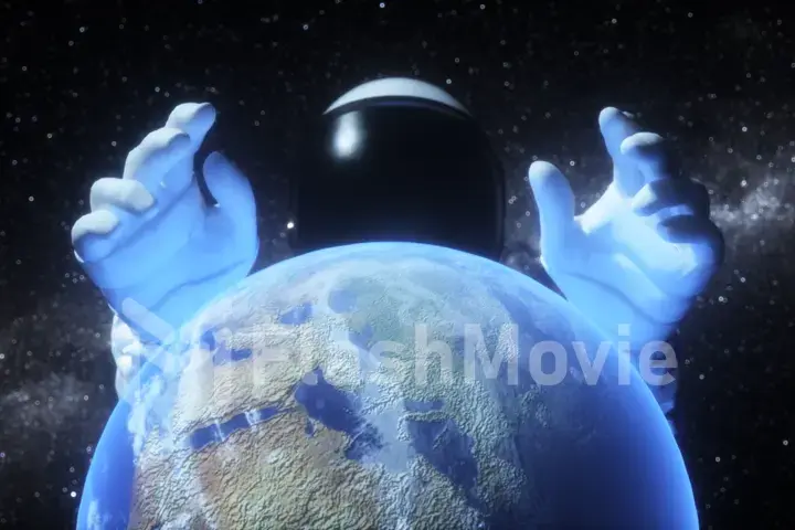 An astronaut stretches his hands behind the planet Earth in outer space against the background of the Milky Way. Concept of space exploration and planets. 3d illustration