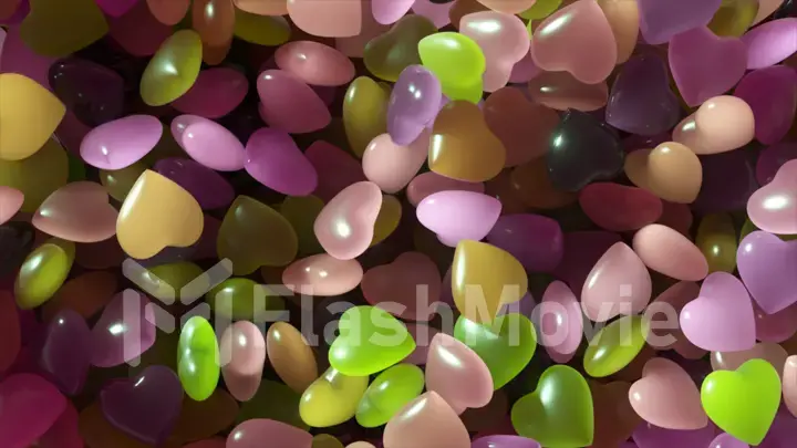 Love concept. Lots of green purple stones in the shape of a heart. The neon heart pushes the rest.