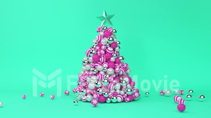 A tree of Christmas balls is growing dynamically on a bright colorful green background. 3d animation