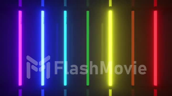 Neon halogen rainbow multicolored lamps glow with futuristic bright reflections. 3d animation of seamless loop