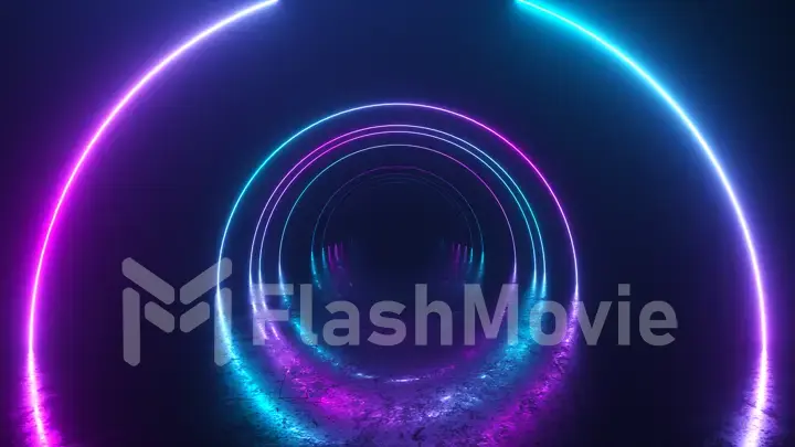 Infinity flight inside tunnel, neon light abstract background, round arcade, portal, rings, circles, virtual reality, ultraviolet spectrum, laser show, metal floor reflection. 3d illustration