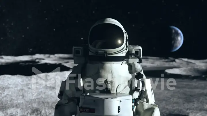 An astronaut stands on the surface of the moon among craters against the backdrop of the planet earth. Outer space. Ultra realistic 3d illustration