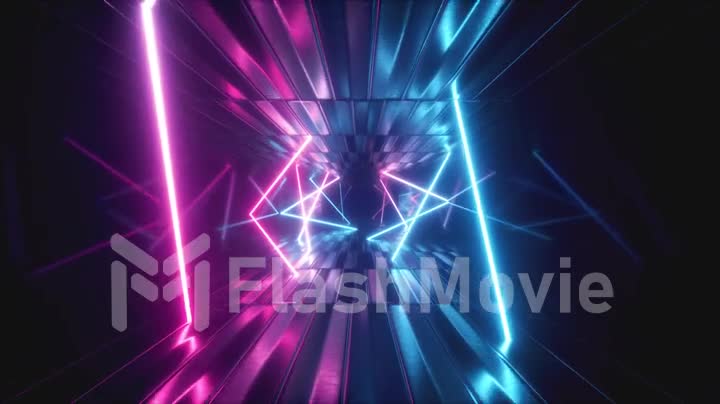 3d render, abstract metallic texture virtual reality tunnel. Futuristic motion graphic. Ultra violet neon light glow, fluorescent light. Flying forward corridor. Seamless loop 4k CG 3d animation