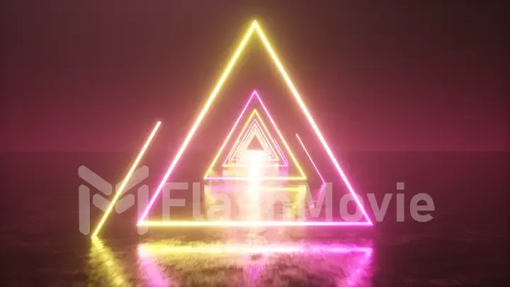 Flying through glowing neon triangles with metal floor creating a tunnel with fog, yellow pink violet spectrum, fluorescent ultraviolet light, modern vj colorful lighting, 3d illustration