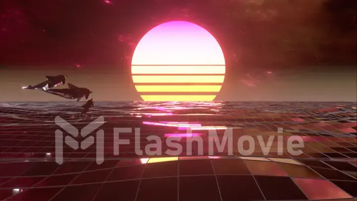 Retro 80s style. Fly endlessly over the digital ocean. Dolphins are jumping over the water. Colorful retro sunset. 3d illustration