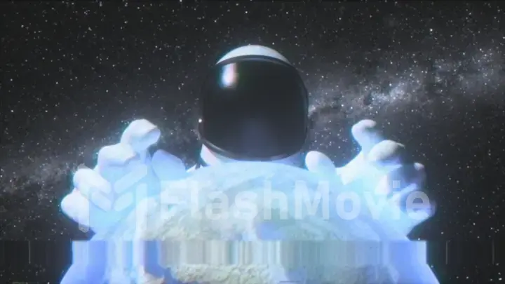An astronaut stretches his hands behind the planet Earth in outer space against the background of the Milky Way. 3d illustration in the style of an old broken TV with the effects of noise, glitch