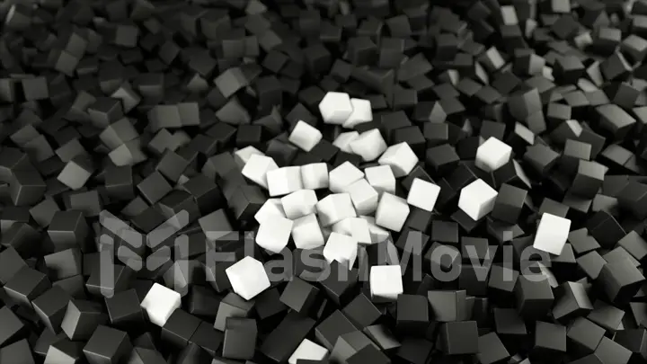 Black white 3D illustration from a pile of abstract cubes rolling and falling from top to bottom.