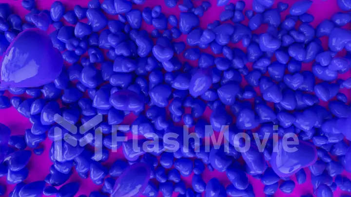 Many blue hearts falling into the pile of hearts on pink background. 3d illustration