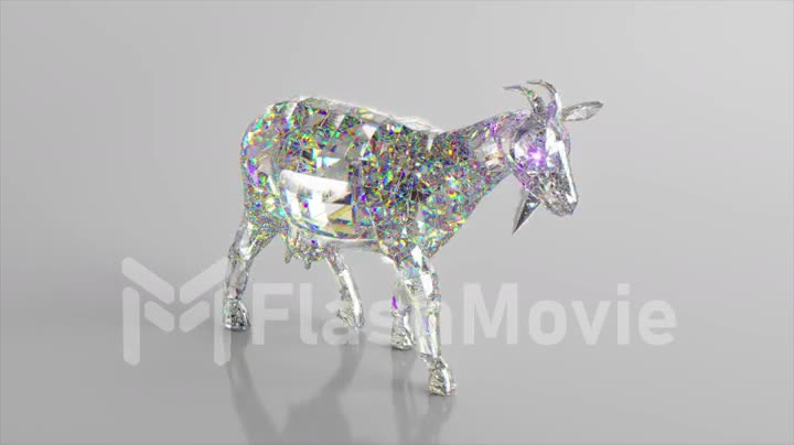 Walking diamond goat. The concept of nature and animals. Low poly. White color. 3d animation of seamless loop