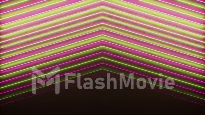 Abstract pointing arrows from lines on black background. Animation. Neon sign lines on black background. Abstract of neon colored arrows moving.
