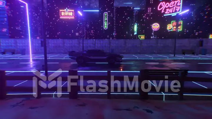 Car and city in neon style. 80s retro wave background 3d illustration. Retro futuristic car drive through neon city.