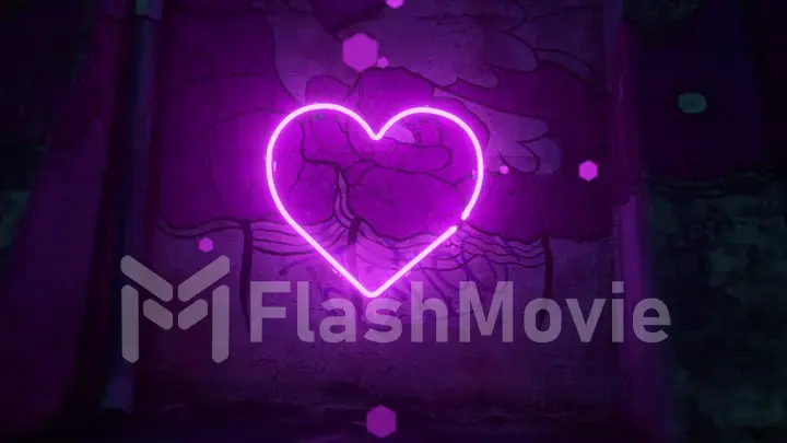 A violet neon heart flashes on a large wall with a flower pattern. Purple rhombus-shaped particles fly around.
