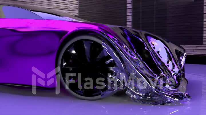 Abstract concept. Side view of a violet sports car that transforms into a transparent purple film. Exhibition item.