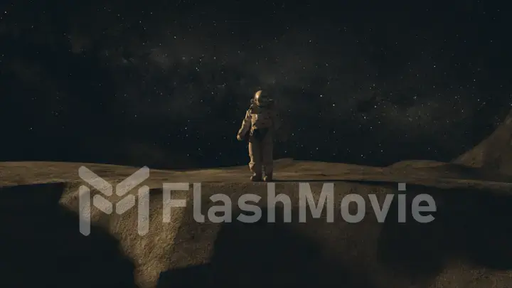 Space concept. An astronaut in a spacesuit stands on the surface of the planet. Starry sky. 3d illustration