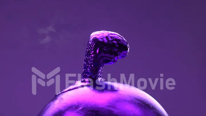 The metallic brain becomes liquid and spreads over a metallic rotating sphere. Blue violet neon color.