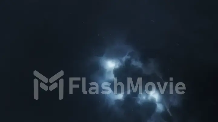 Brightly sparkling lightning breaks through the dense storm clouds in the night. Epic flash of lightning in the sky in the rain. Rain spray fly into the camera. 3d illustration