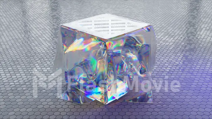 A transparent cube with a living diamond liquid inside stands on a shiny tile. A transparent cloth covers the cube.